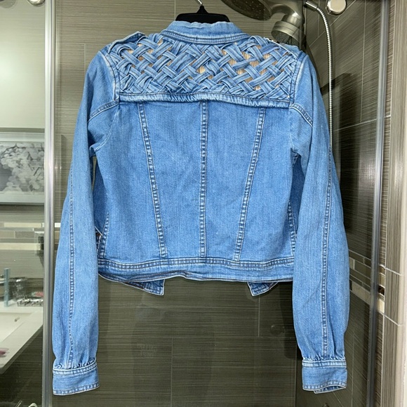✨ Mike & Chris ✨ Lattice Weave Cropped Jean Denim Jacket Button Up Size Small - Picture 2 of 10